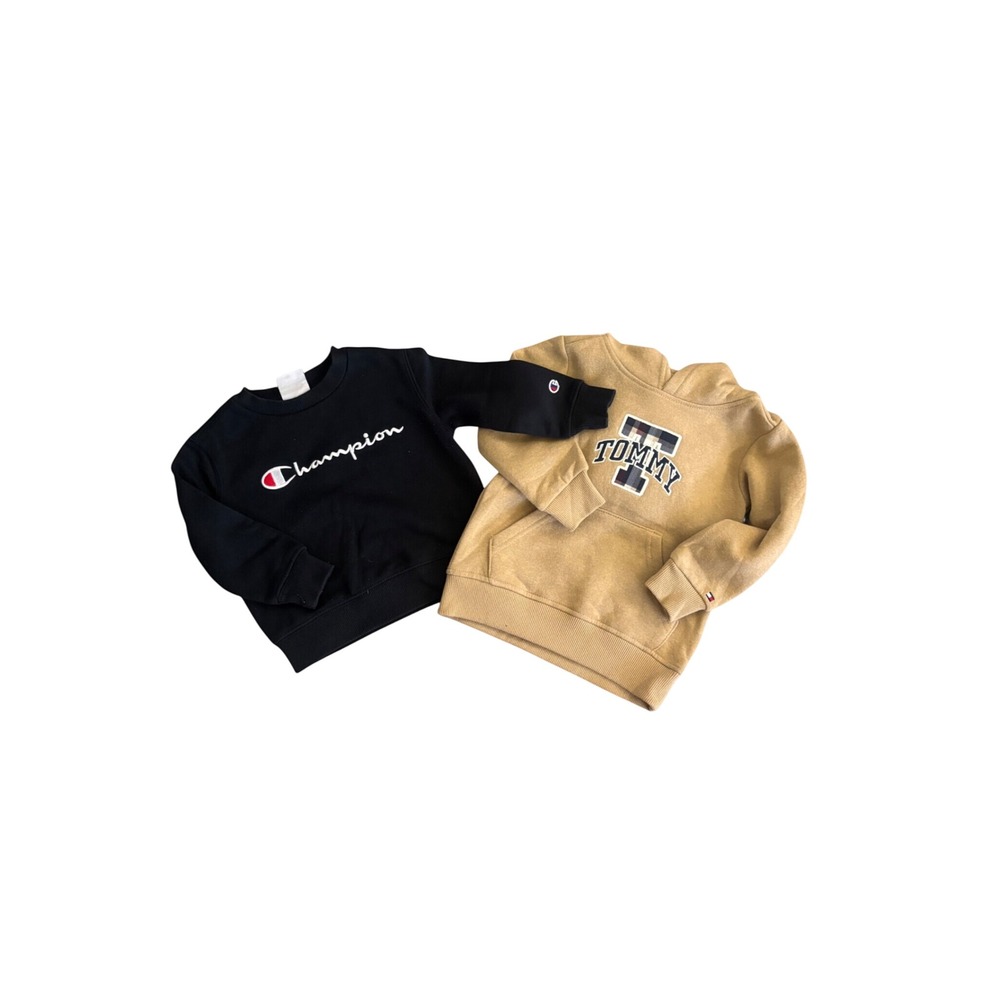 Champion Black Crewneck & Tommy Hilfiger Tan Hoodie Toddler Sweatshirt Bundle 2T